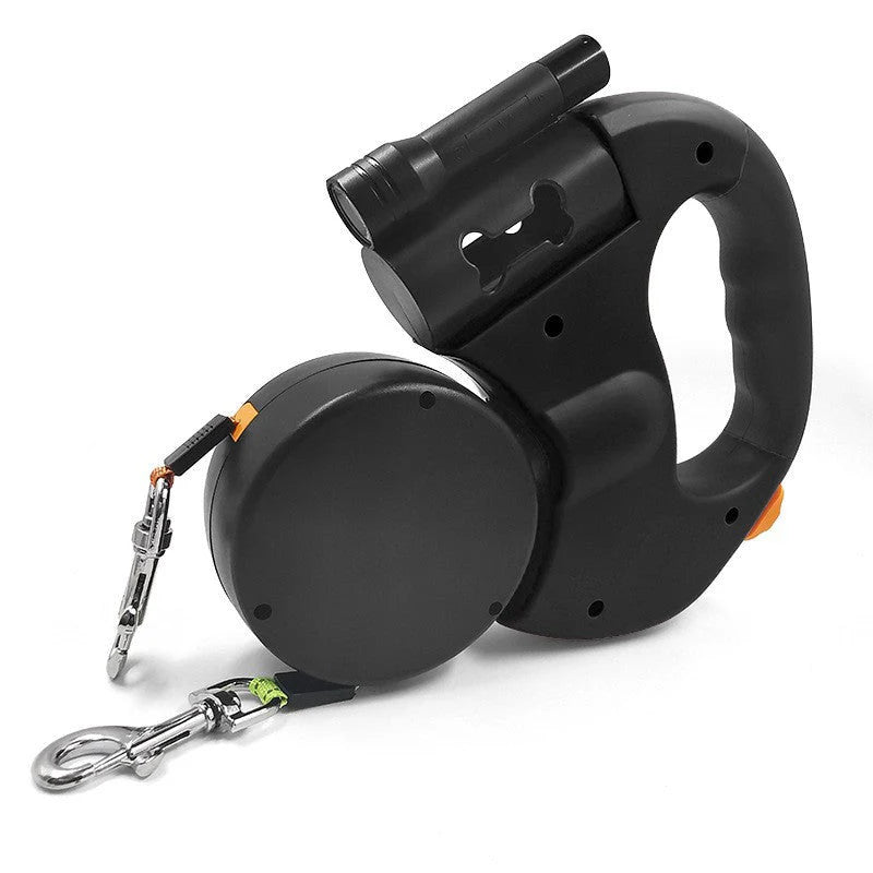 Double Tangle-Free Dog Leash with Built-In Flashlight and Waste Bag Holder for Two Dogs – 3M Reflective Nylon Tether