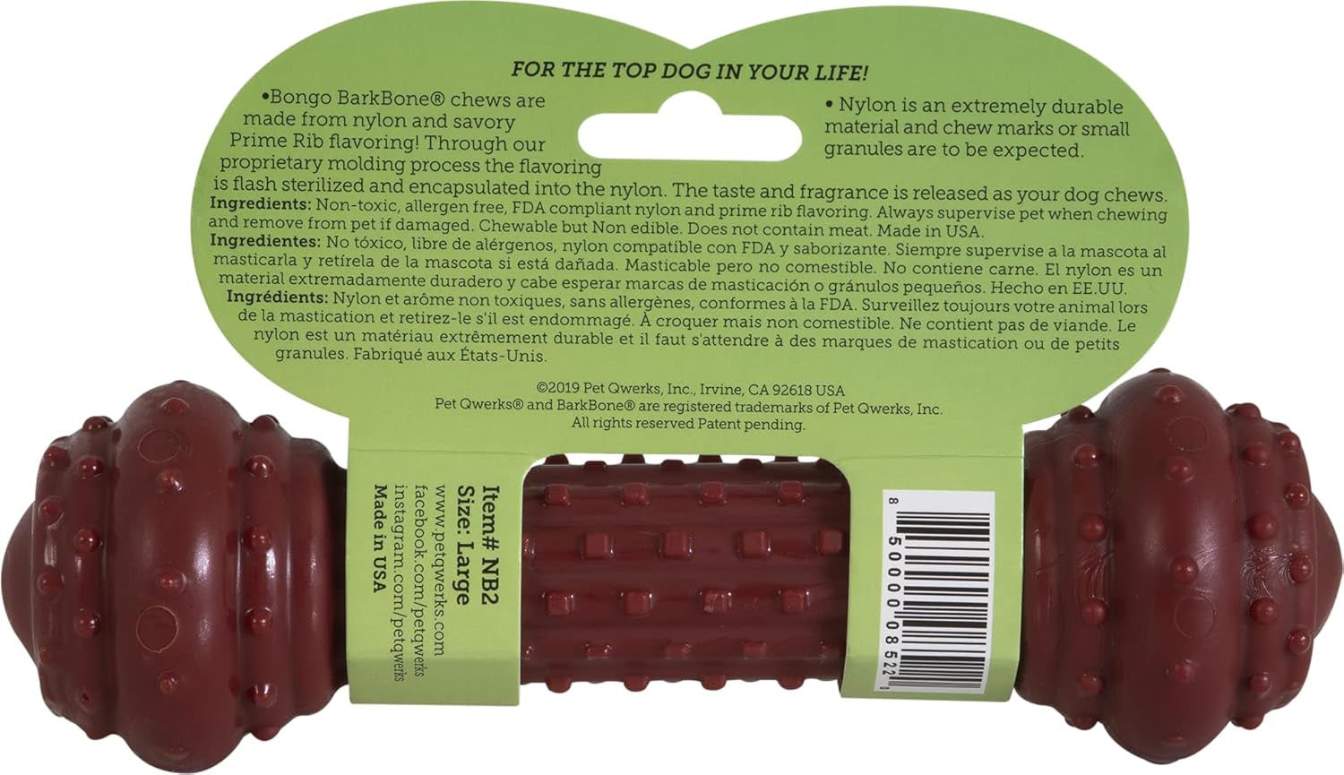 Bongo Barkbone - Nylon Dog Bone for Aggressive Chewers - Prime Rib Flavor - Large