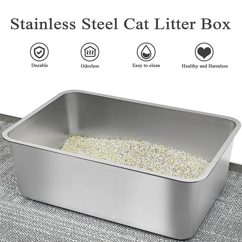 HEYBO Stainless Steel No Smell High Sided Flip-Top Cat-Litter Box
