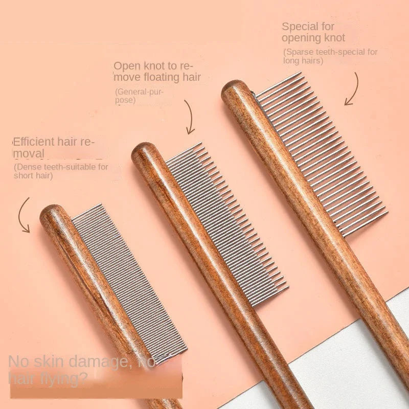 3Pcs Solid Wood Cat Combs, Stainless Steel Teeth for Cat Dog Rabbit Massage, Flea Lice Comb Removes Mats, Tangles and Loose Fur, Grooming Comb for Small Medium Pets