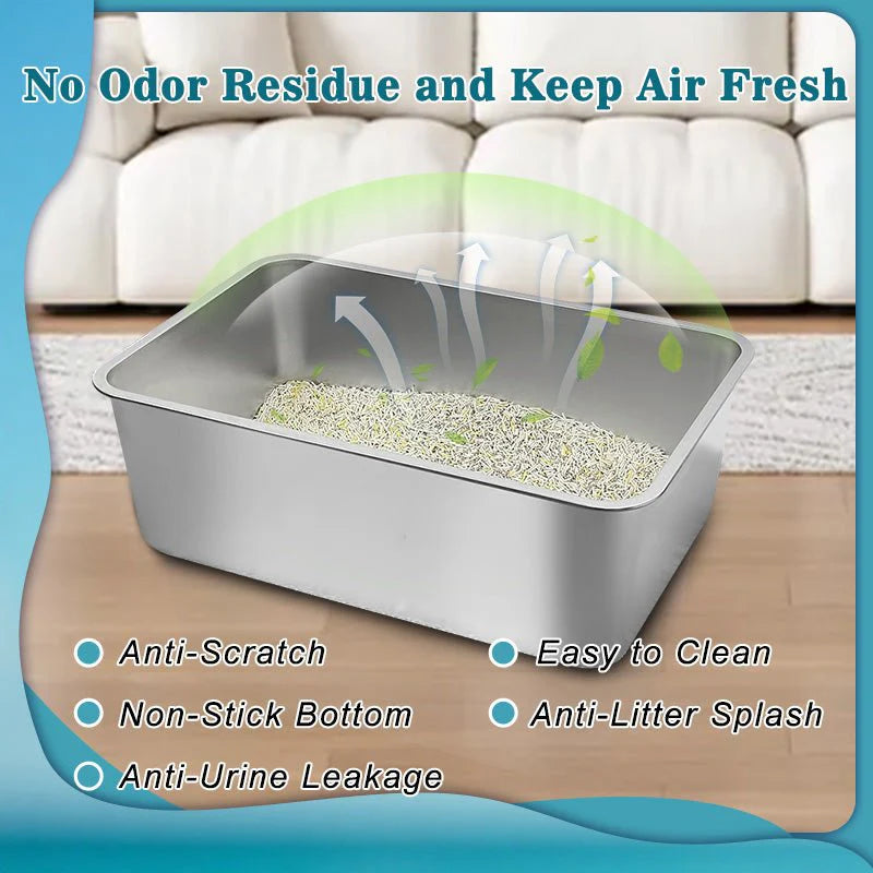 HEYBO Stainless Steel No Smell High Sided Flip-Top Cat-Litter Box