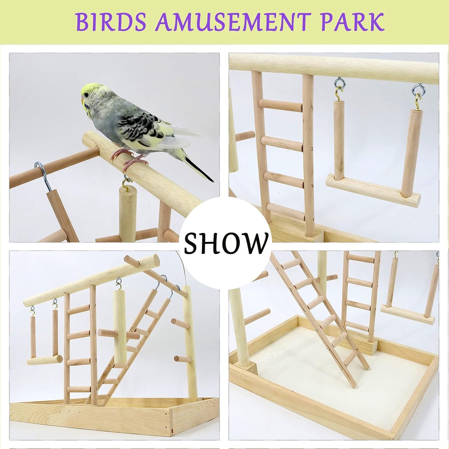 Natural Wood Parrot Playground, Bird Stand Bird Playground Cockatiel Toys, Budgie Parakeet Pigeon Conure Bird Play Stand for Parrot Perch, Play, Rest, for 3-4Pcs Small Medium Birds Accessories