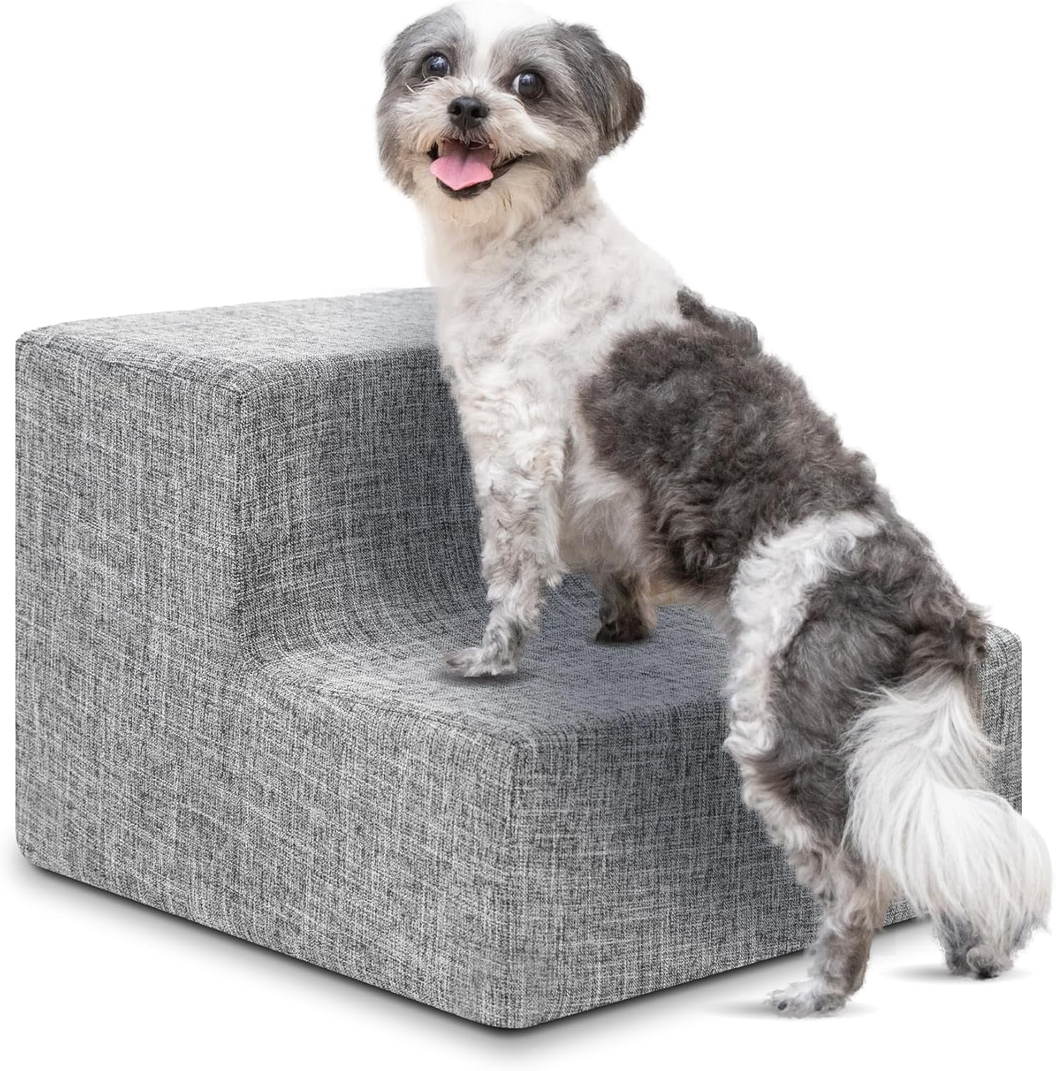 Dog Stairs & Steps - Foam Steps for Small Dogs & Cats, Non-Slip Indoor Balanced Pet Step Support, Dog Ramp, No Assembly, Ash Gray Linen, 2-Step (12-Inch Height)