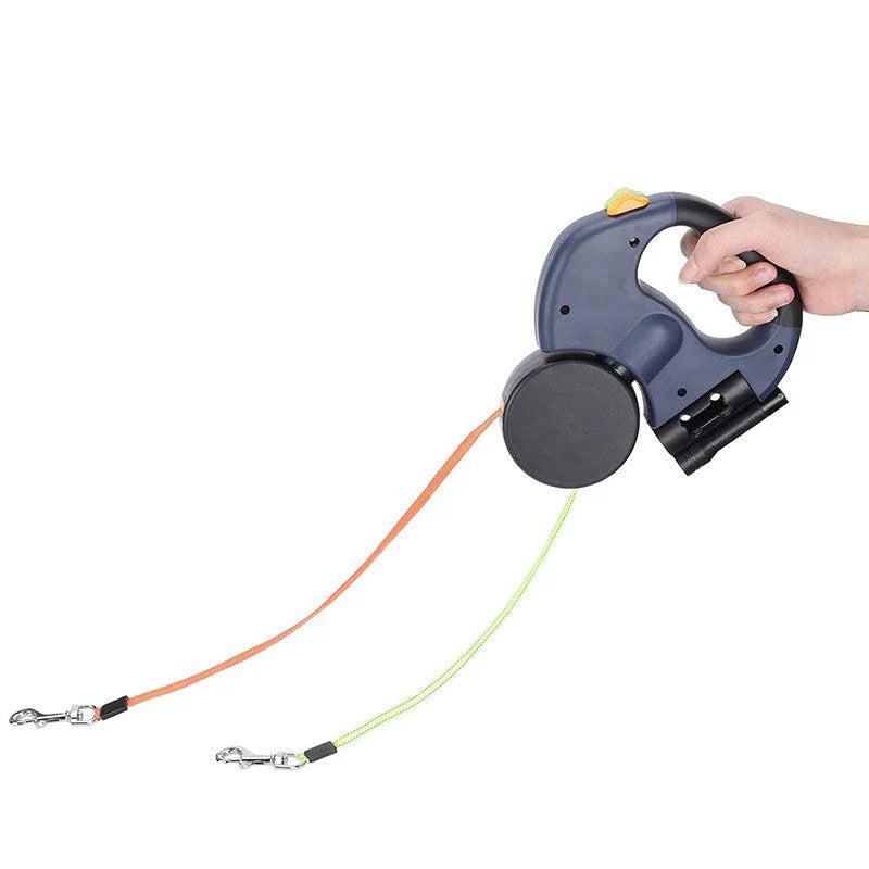 Double Tangle-Free Dog Leash with Built-In Flashlight and Waste Bag Holder for Two Dogs – 3M Reflective Nylon Tether