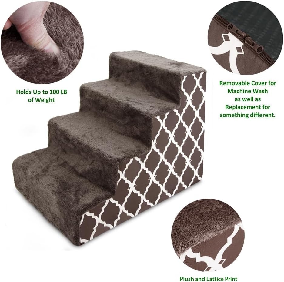 Dog Stairs & Steps - Foam Steps for Small Dogs & Cats, Non-Slip Indoor Balanced Pet Step Support, Dog Ramp, No Assembly, Brown Lattice Print, 4-Step (18-Inch Height)