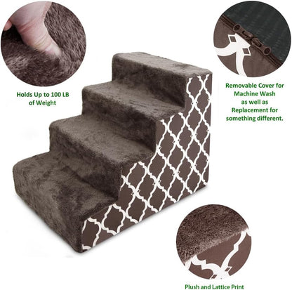 Dog Stairs & Steps - Foam Steps for Small Dogs & Cats, Non-Slip Indoor Balanced Pet Step Support, Dog Ramp, No Assembly, Brown Lattice Print, 4-Step (18-Inch Height)