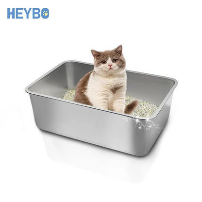 HEYBO Stainless Steel No Smell High Sided Flip-Top Cat-Litter Box