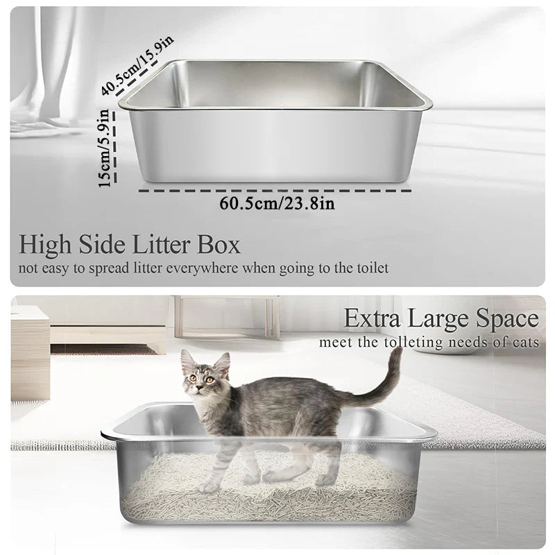 HEYBO Stainless Steel No Smell High Sided Flip-Top Cat-Litter Box