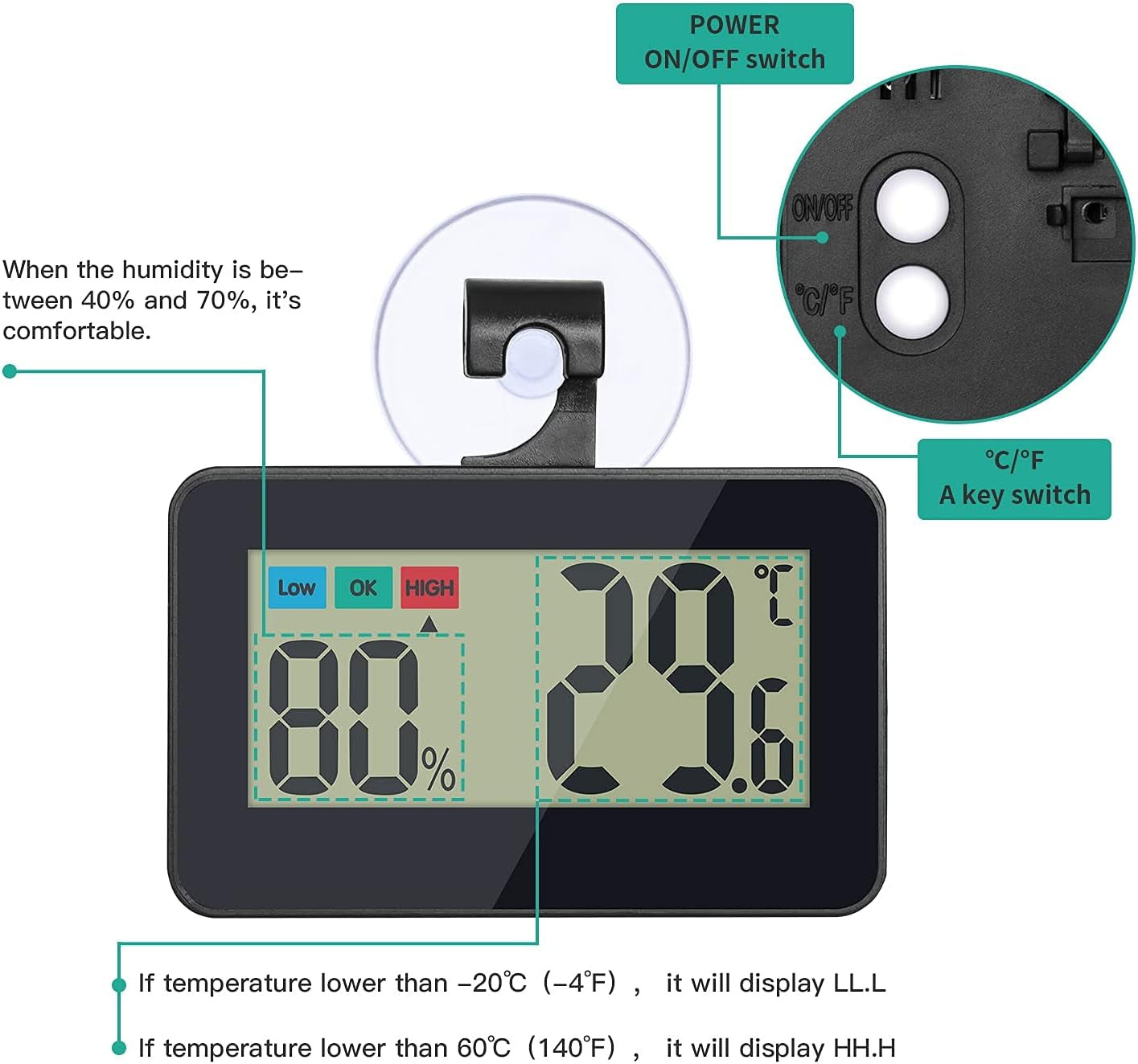 Reptile Thermometer Hygrometer Digital Gauge with Hook & Suction Cup, Accurate Temperature and Humidity Monitor for Reptile Terrarium, Bearded Dragon Tank, Snake Lizard Gecko Habitat (Black)