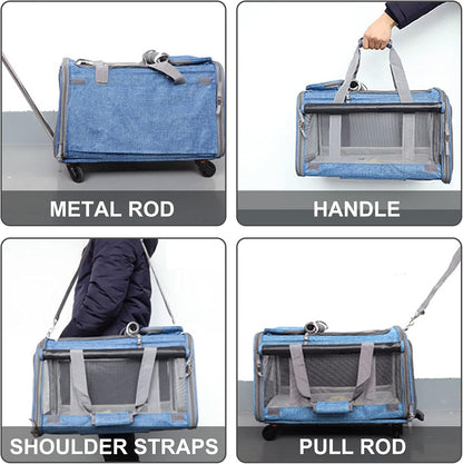Cat Wheel Carrier, Dog Carrier with Durable Mesh Panels, Pet Carrier with Telescopic Walking Handle,Easy to Fold (Blue, without Storage Bag)