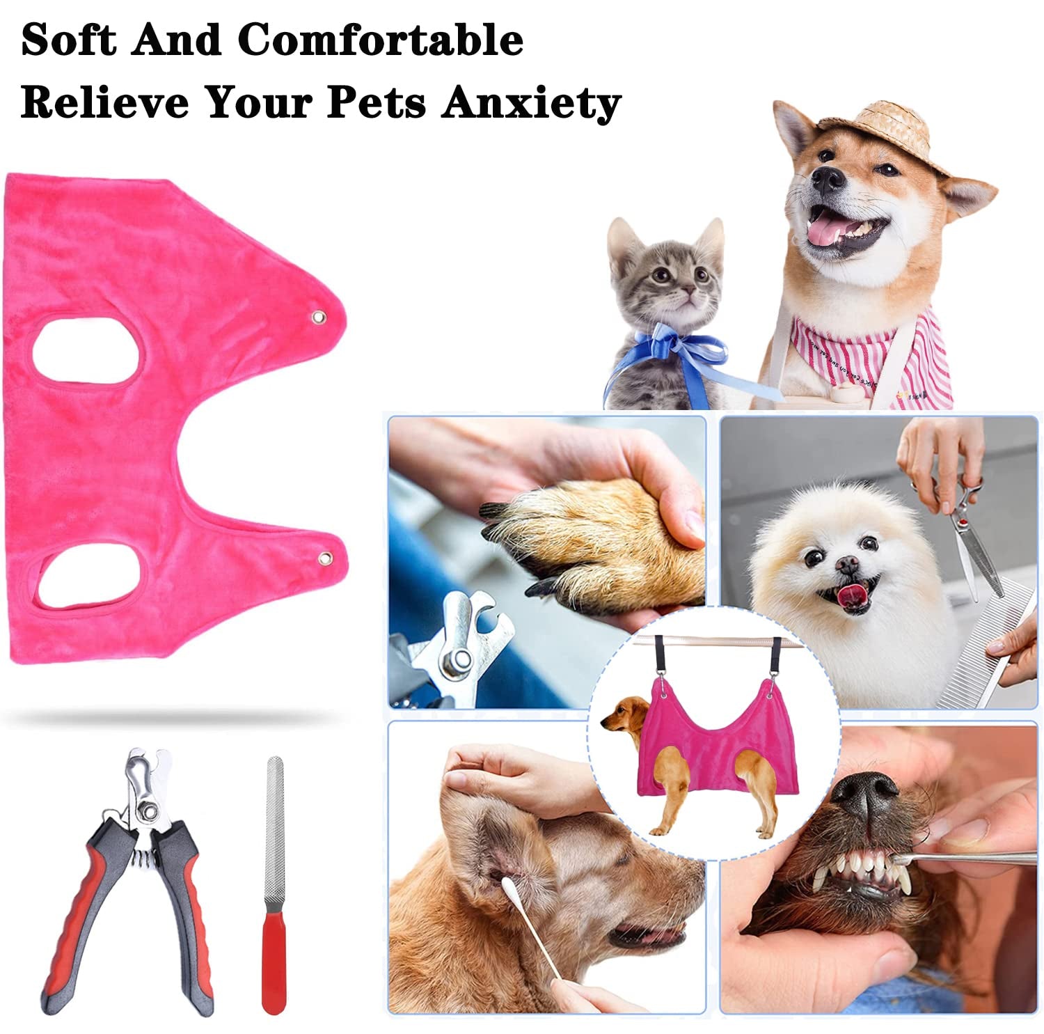 QITEEYSA Dog Grooming Hammock Dog Grooming Harness Pet Grooming Hammock Restraint Bag 5 Pcs Pet Grooming Hammocks Kit with Nail Clippers/Trimmer Nail File Bathing Washing Grooming Q01 (Small, Pink)