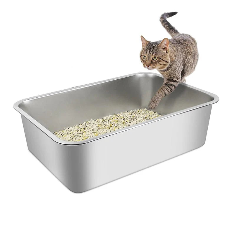 HEYBO Stainless Steel No Smell High Sided Flip-Top Cat-Litter Box