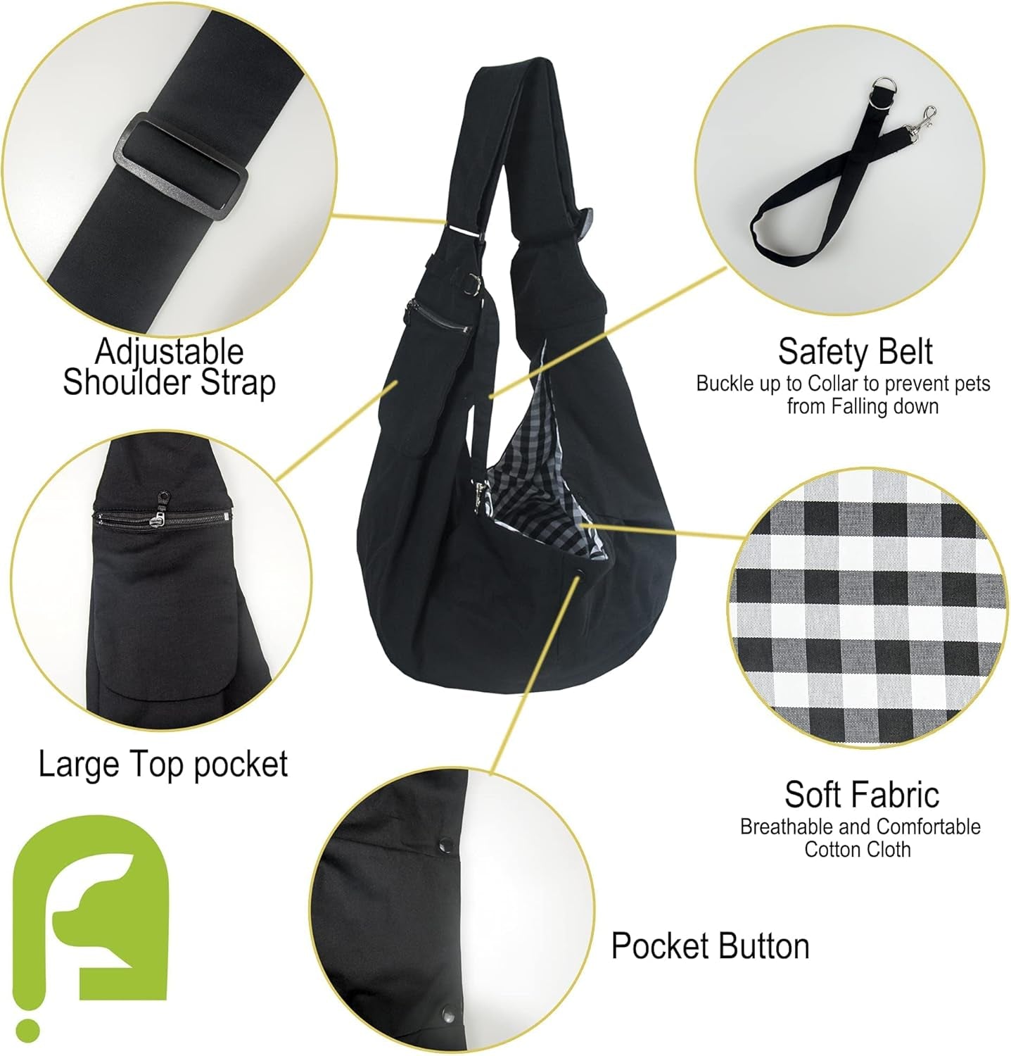 Pet Sling Carrier Adjustable Shoulder Strap Puppy Tote Hands Free Reversible Pet Backpack for Outdoor Travel Black