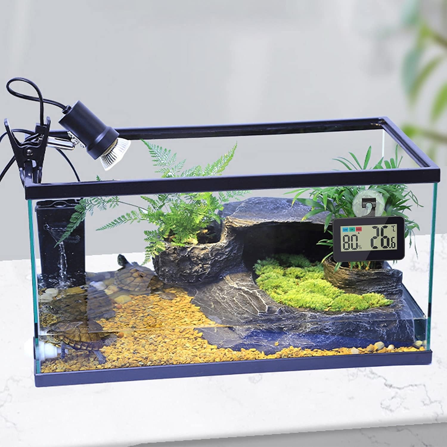 Reptile Thermometer Hygrometer Digital Gauge with Hook & Suction Cup, Accurate Temperature and Humidity Monitor for Reptile Terrarium, Bearded Dragon Tank, Snake Lizard Gecko Habitat (Black)