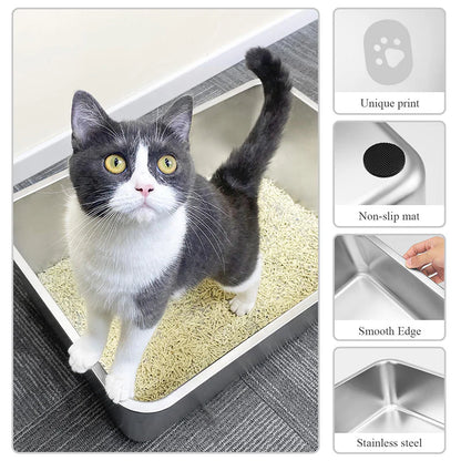 HEYBO Stainless Steel No Smell High Sided Flip-Top Cat-Litter Box
