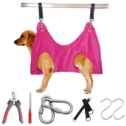 QITEEYSA Dog Grooming Hammock Dog Grooming Harness Pet Grooming Hammock Restraint Bag 5 Pcs Pet Grooming Hammocks Kit with Nail Clippers/Trimmer Nail File Bathing Washing Grooming Q01 (Small, Pink)