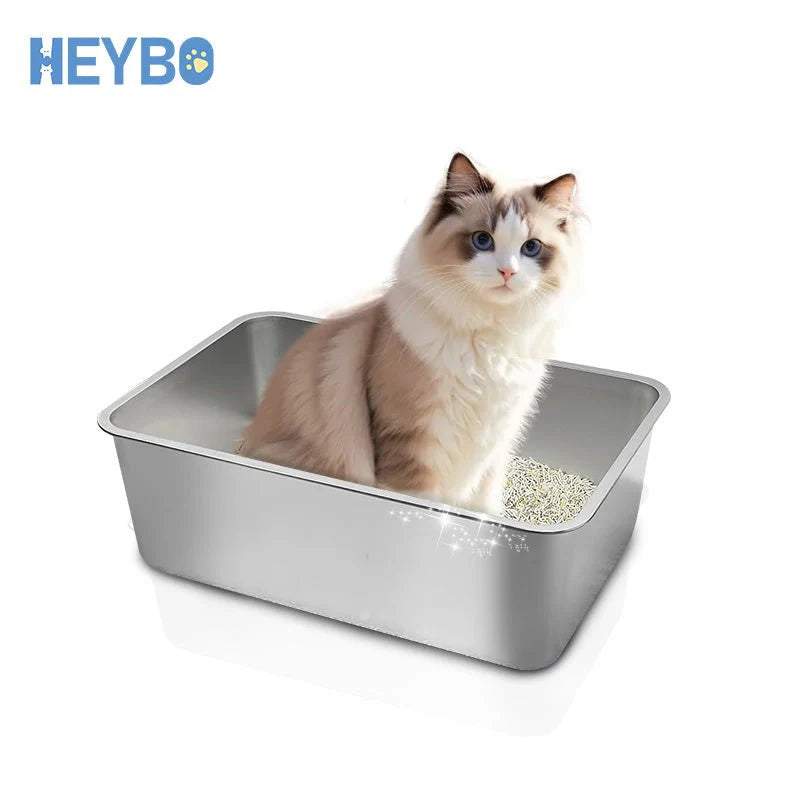 HEYBO Stainless Steel No Smell High Sided Flip-Top Cat-Litter Box