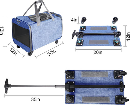 Cat Wheel Carrier, Dog Carrier with Durable Mesh Panels, Pet Carrier with Telescopic Walking Handle,Easy to Fold (Blue, without Storage Bag)