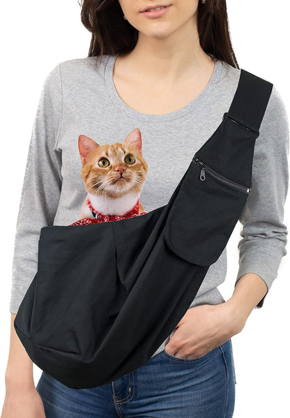 Pet Sling Carrier Adjustable Shoulder Strap Puppy Tote Hands Free Reversible Pet Backpack for Outdoor Travel Black