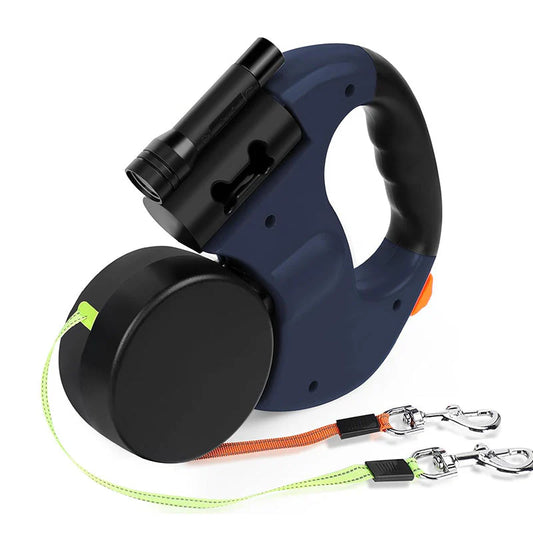 Double Tangle-Free Dog Leash with Built-In Flashlight and Waste Bag Holder for Two Dogs – 3M Reflective Nylon Tether